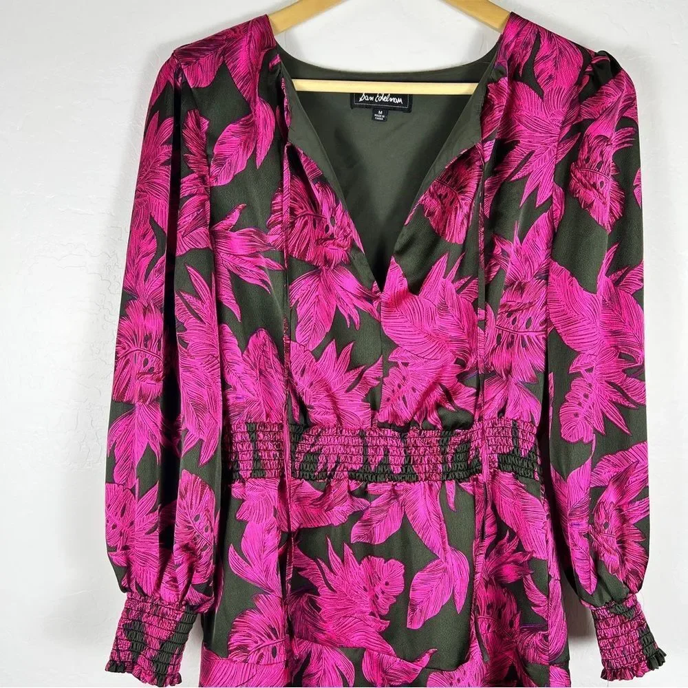 Sam Edelman Tropical Palm Mini Dress Smocked Waist Tiered Long Sleeve Pink Black